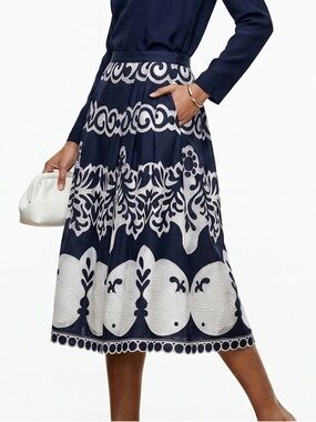 J.Crew Size 8P Navy & White Ornate Lace A-line Midi Skirt - Petite Fit